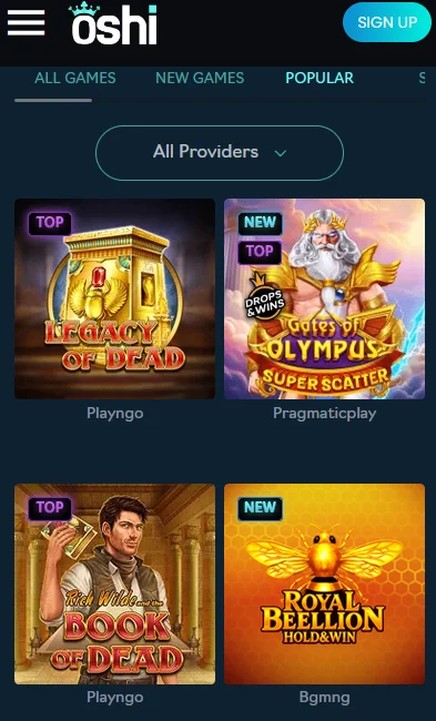 Oshi casino slots lobby, mobile