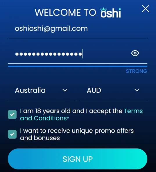 Sign up for Oshi Casino, Australia