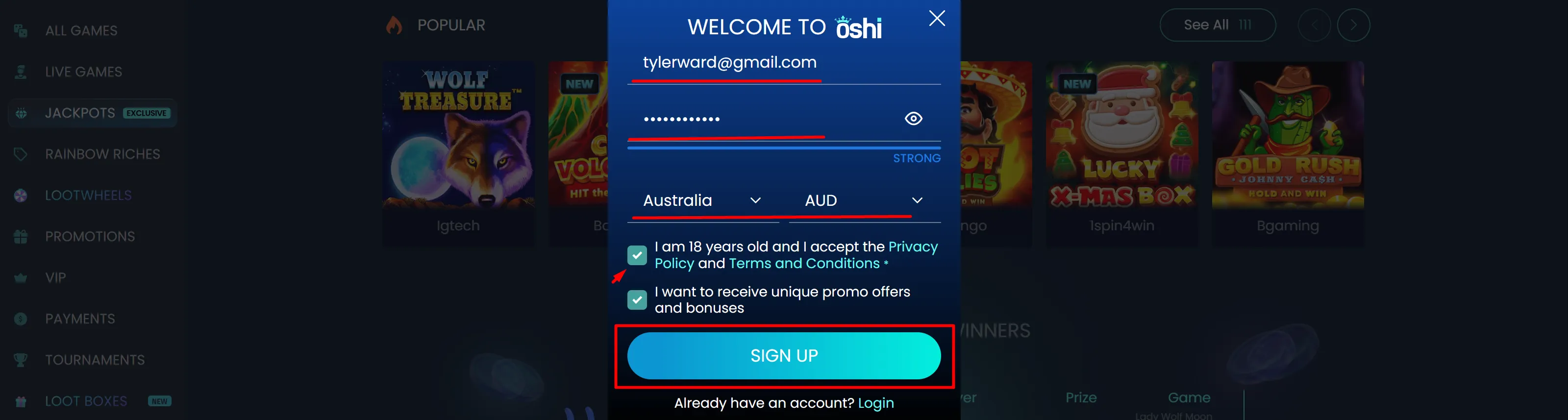 Oshi Casino Registration Form